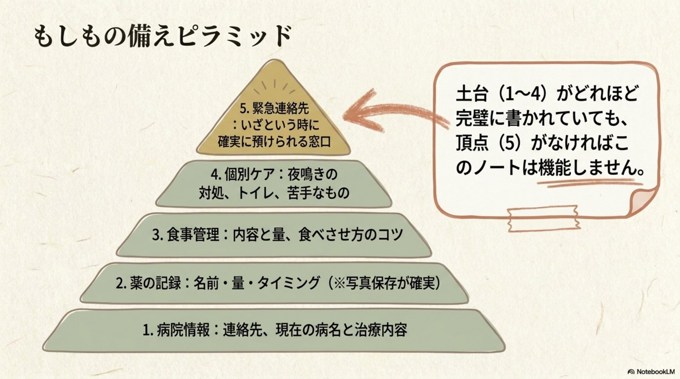 もしもの備えピラミッド:土台1〜4が完璧でも頂点5がなければ機能しない