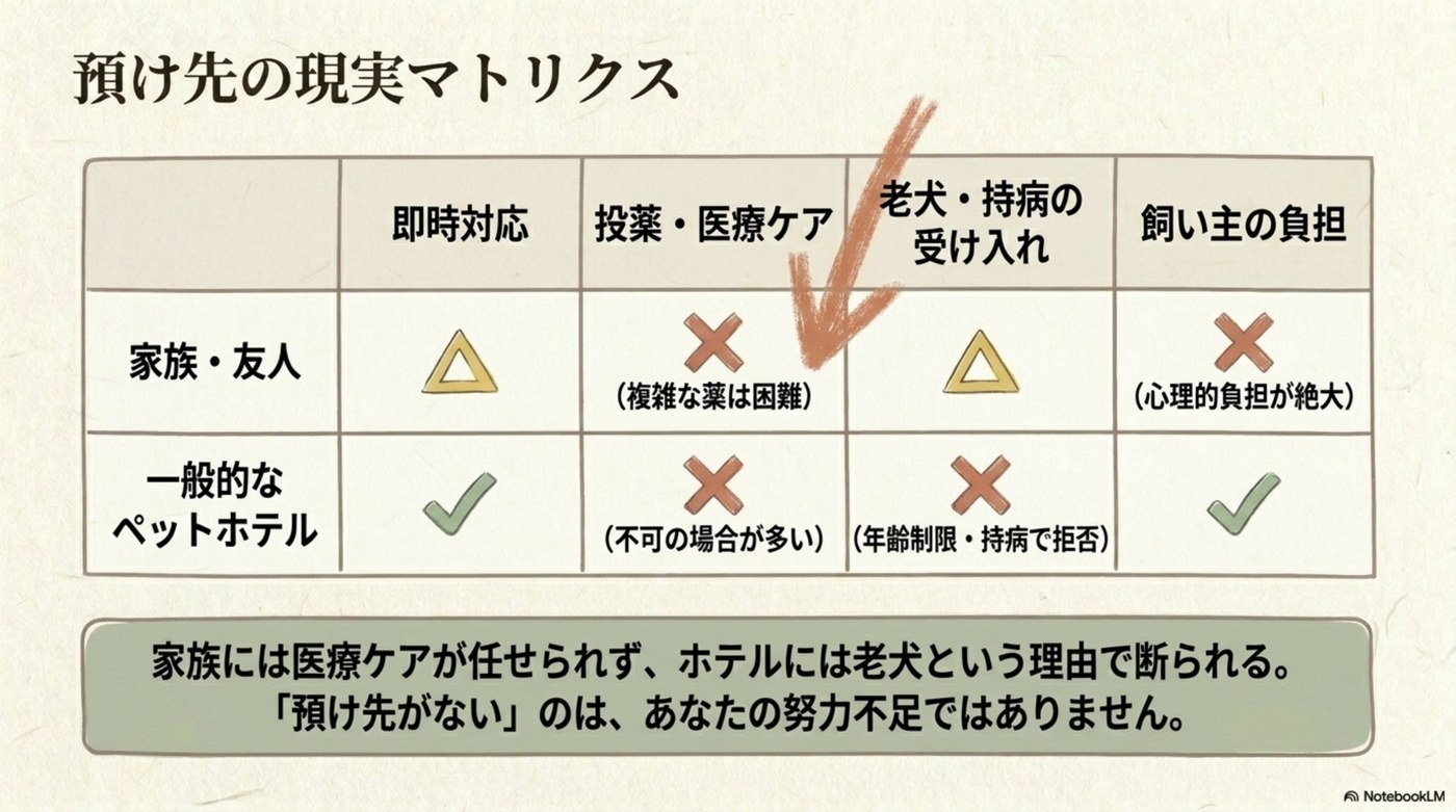 預け先の現実マトリクス:家族には医療ケアが任せられず、ホテルには老犬という理由で断られる