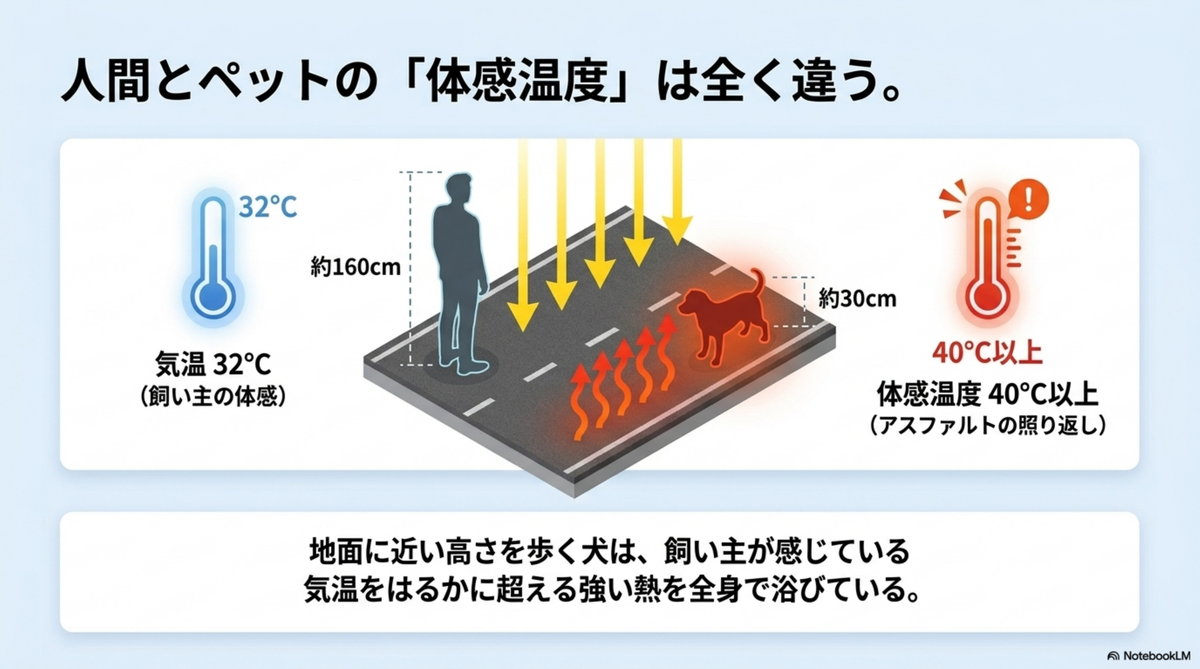 犬と人の体感温度の違い 気温32℃でもアスファルトの照り返しで犬の体感温度は40℃以上