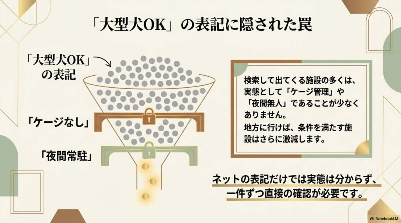 「大型犬OK」の表記に隠された罠——実態はケージ管理や夜間無人