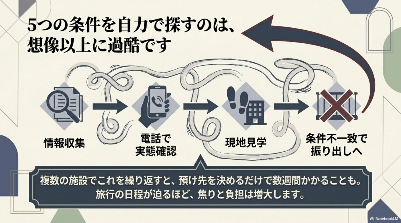 情報収集→電話確認→現地見学→条件不一致で振り出し、数週間かかることも