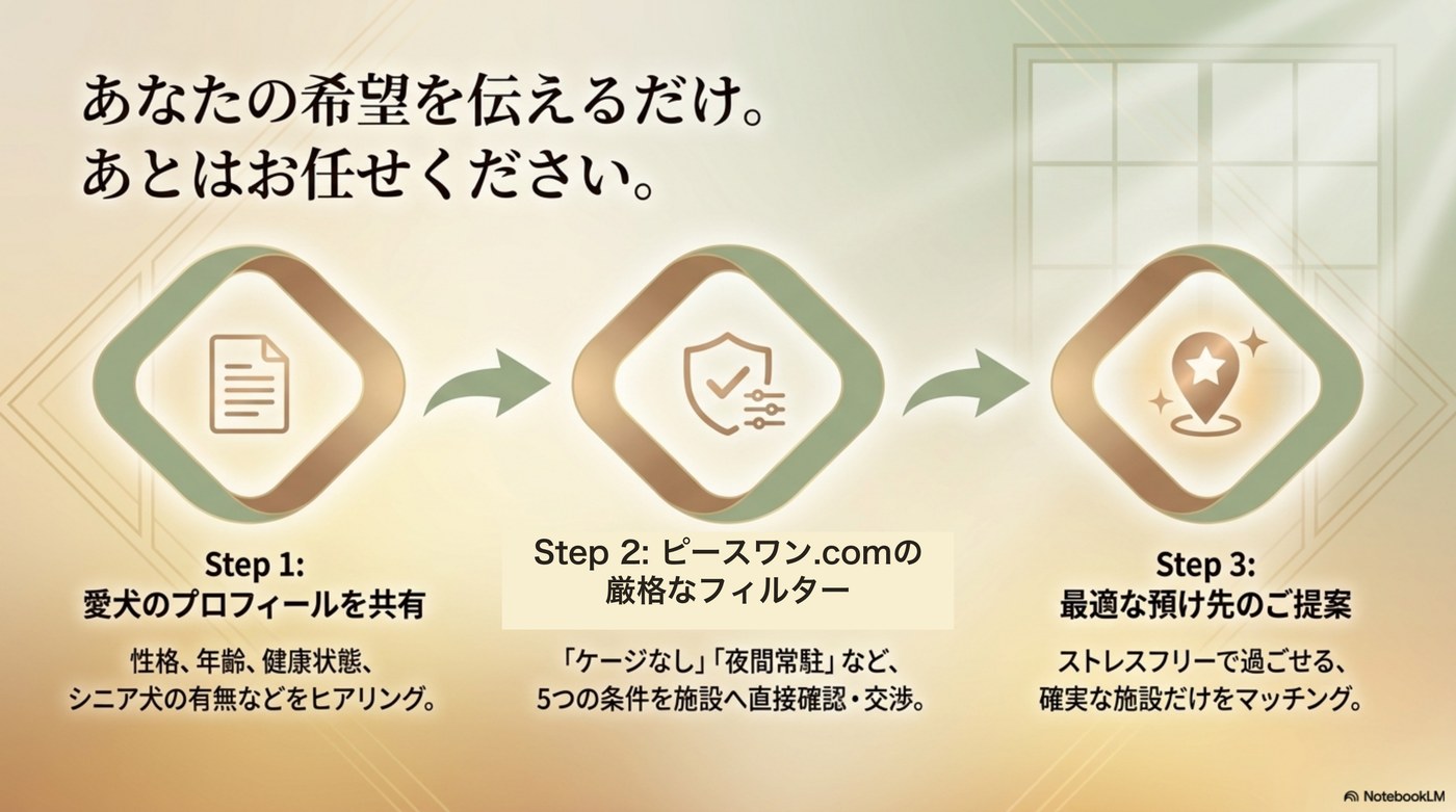 Step1 プロフィール共有/Step2 ピースワンが厳格にフィルター/Step3 最適な預け先をご提案